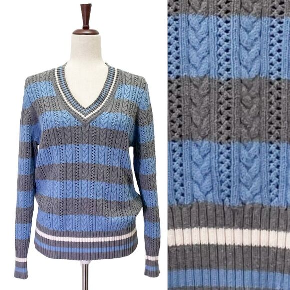 Liz Claiborne Cotton Cable Knit Sweater Size XL Blue Gray Stripe V-Neck VTG - Picture 12 of 12